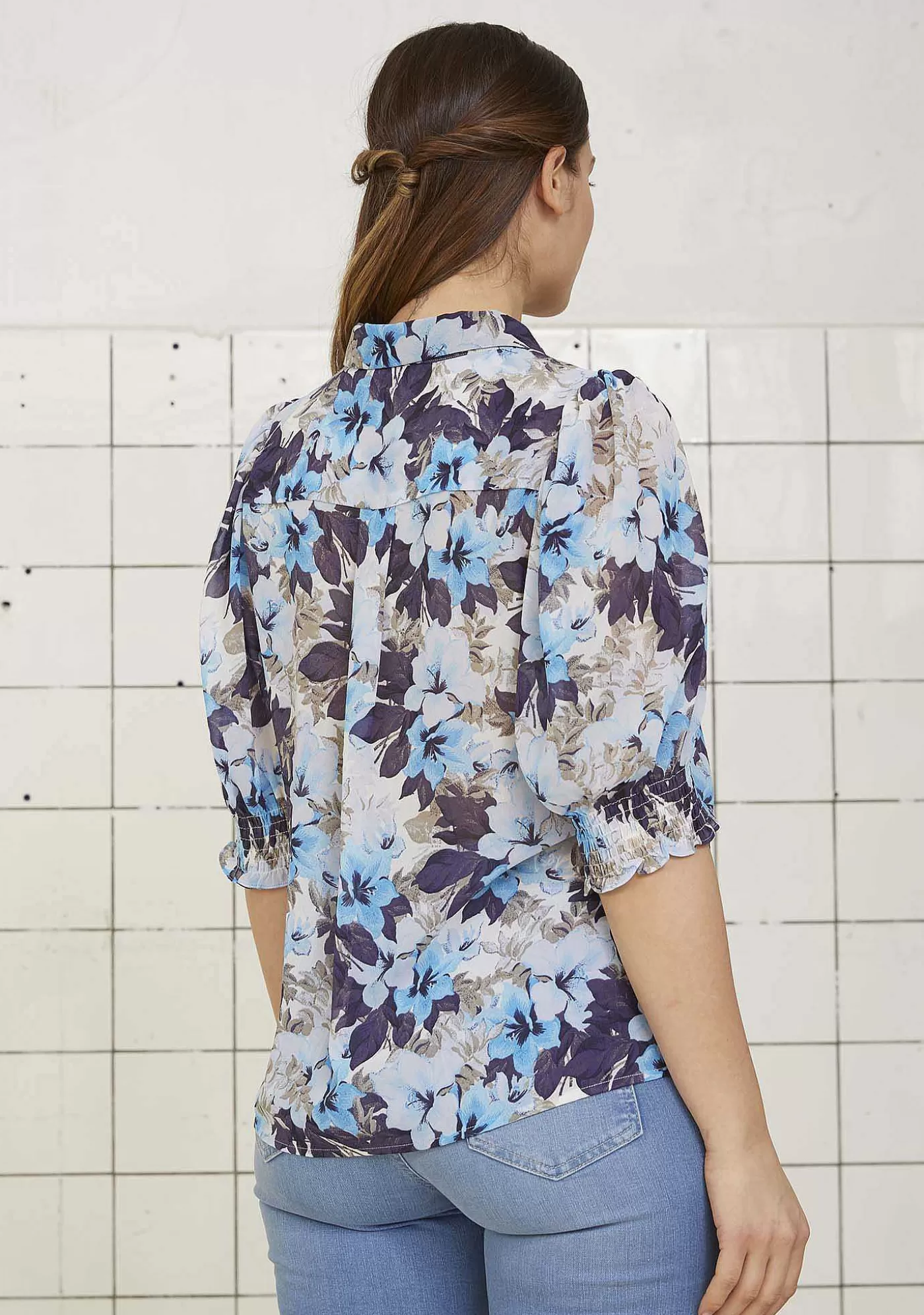 Cheap Vibse S/S Skjorta - Blue Flower Chiffong Kvinnor Blusar Och Skjortor